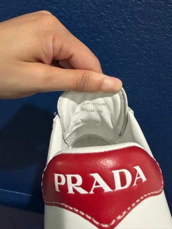 Prada White Leather Sneakers Red Stripe | Size 35 | Like New | Full Set - Picture 8 of 13